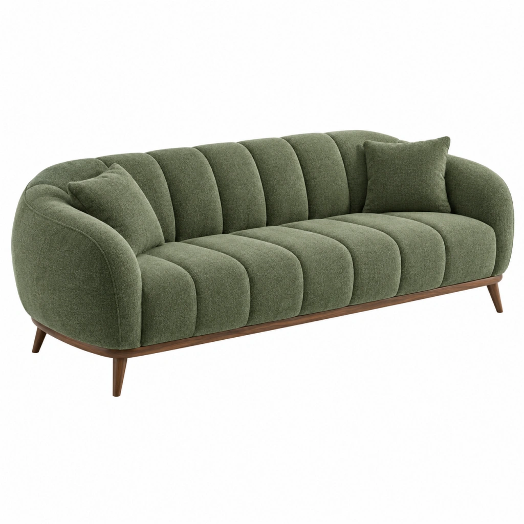 Divano 3 posti 220x90x78 cm in tessuto verde con base in legno stile moderno