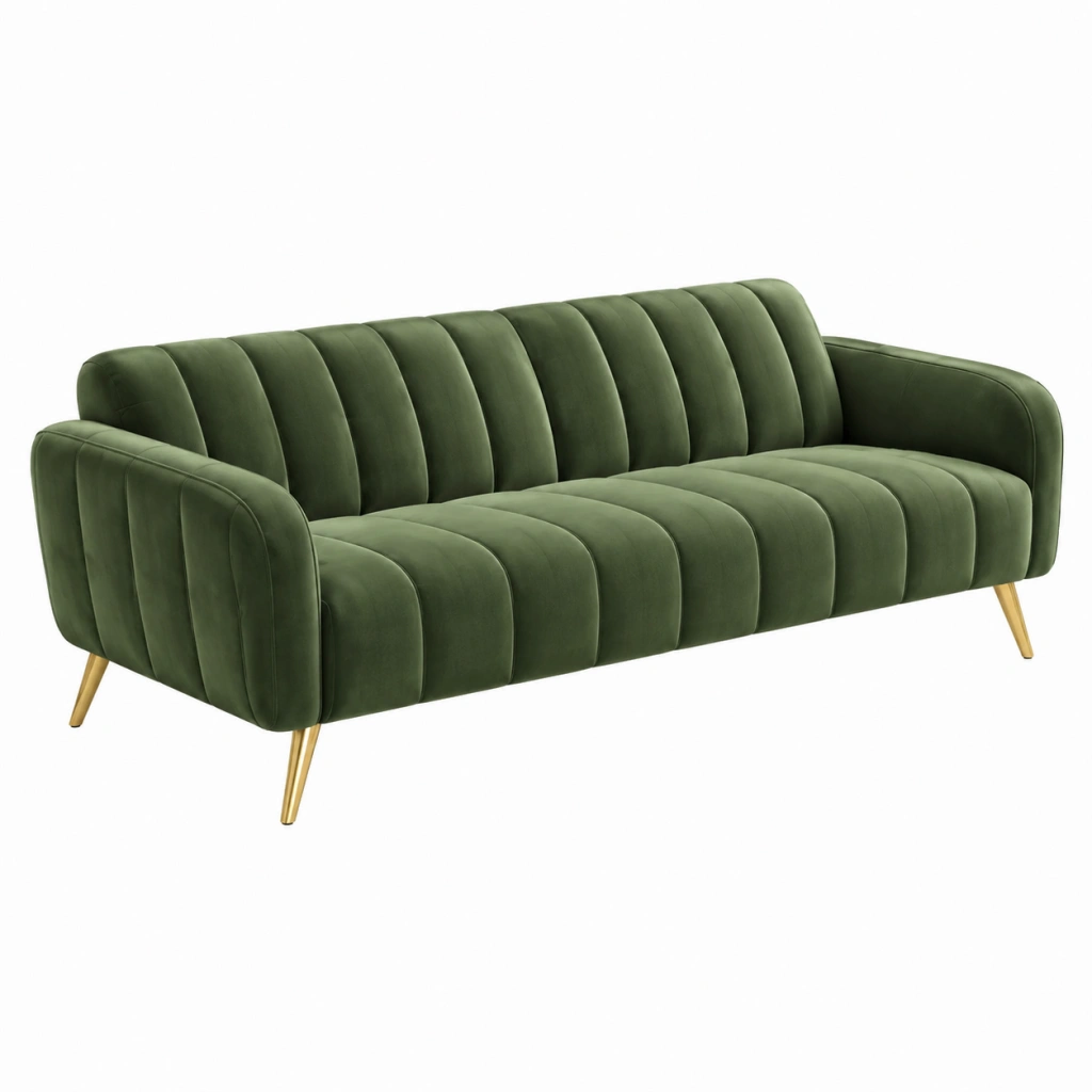 Divano 3 posti 210 cm in velluto verde con gambe in metallo dorato stile moderno