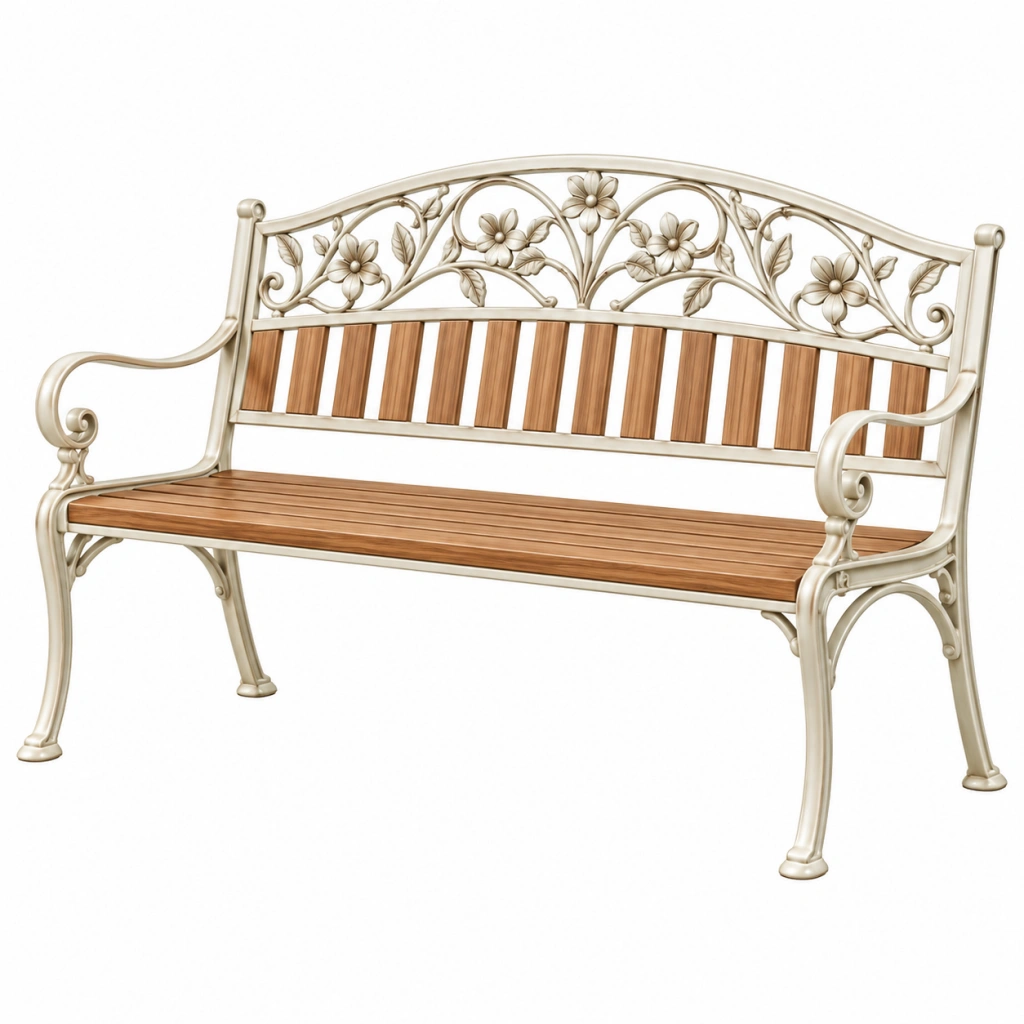 Panca da giardino 125 x 60 x 95 cm in metallo e legno beige/marrone con schienale floreale