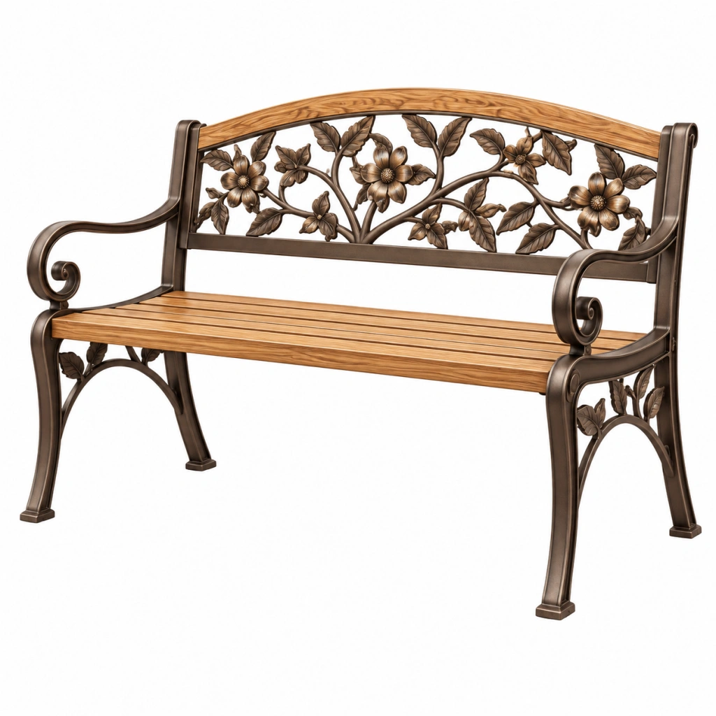 Panca da giardino 125 cm in metallo e legno marrone con schienale floreale