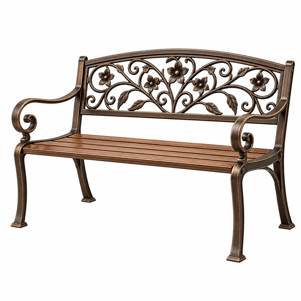 Panca da giardino 120 cm in metallo bronzo con schienale floreale