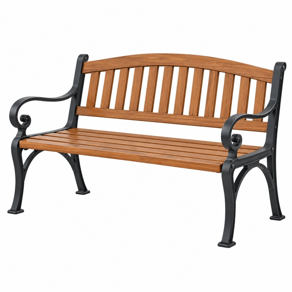 Panchina da giardino 150 cm in legno marrone e metallo nero stile classico