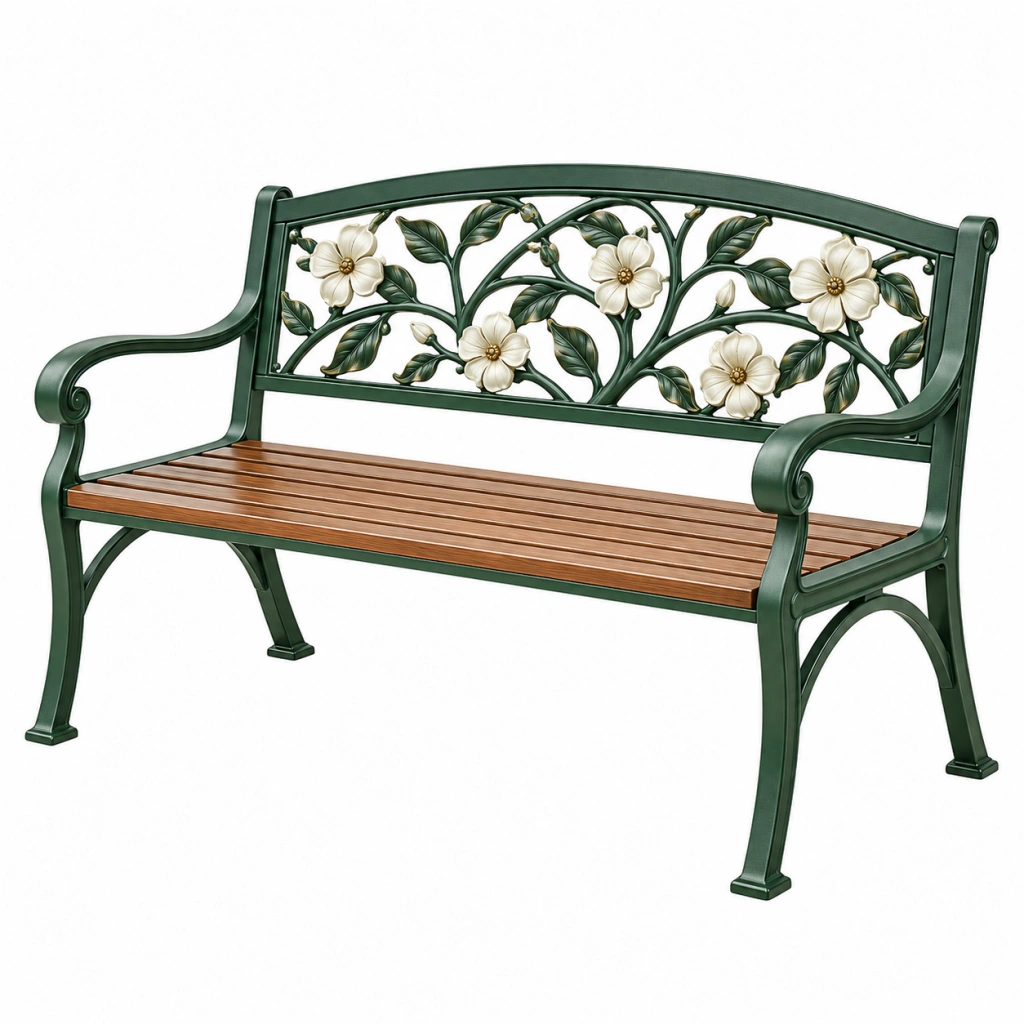 Panchina da giardino 120 x 60 x 90 cm in metallo verde e legno marrone - stile floreale a due posti