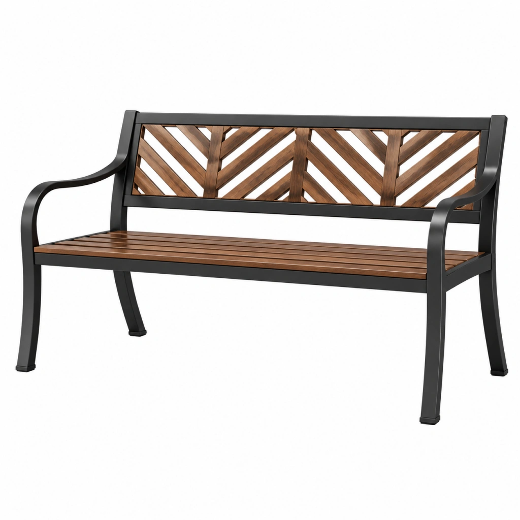 Panca da giardino 122 x 62 x 88 cm in metallo nero e legno marrone con schienale decorativo