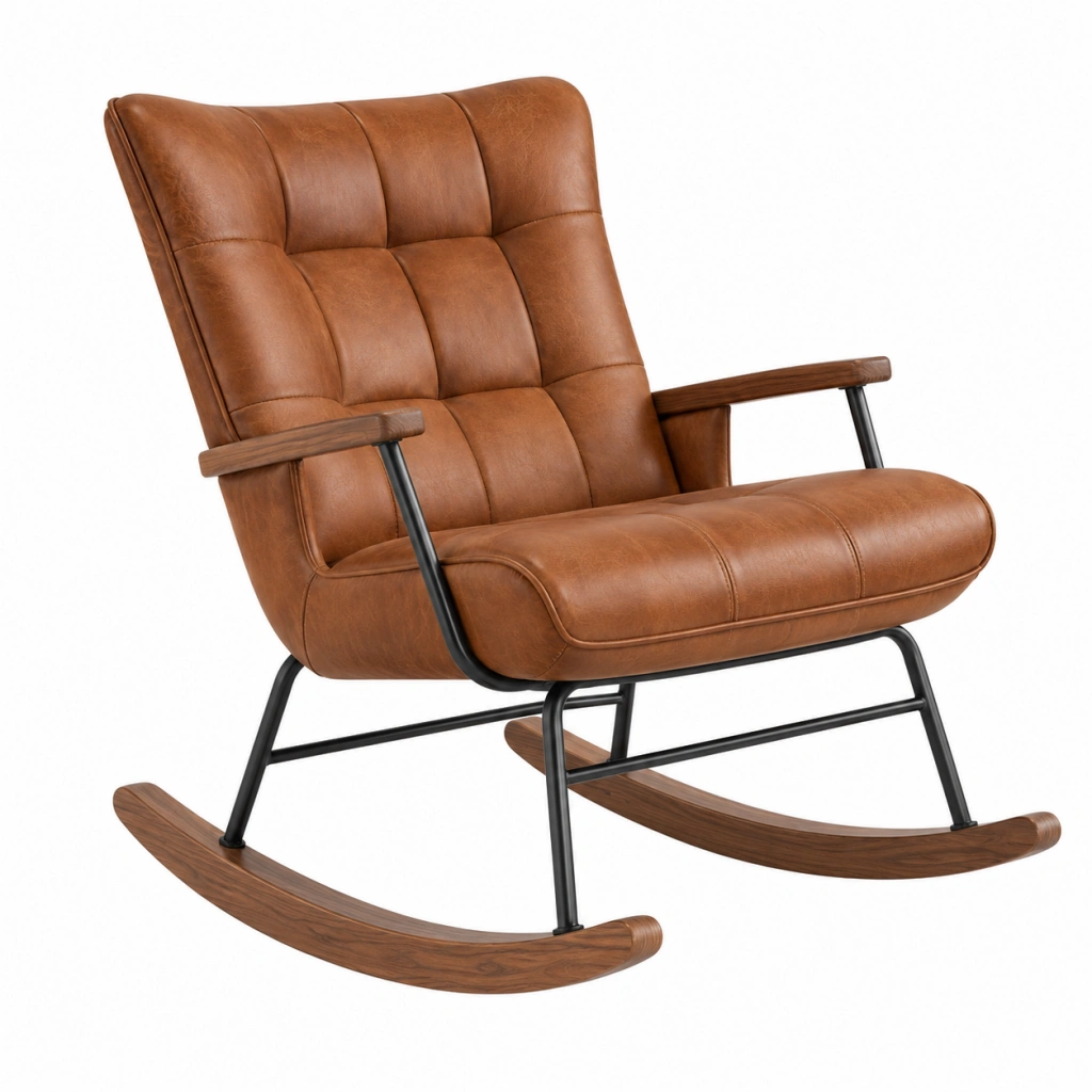 Sedia a dondolo 70 x 90 x 100 cm in similpelle marrone con struttura in metallo e legno stile vintage