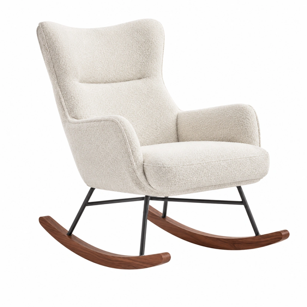 Sedia a dondolo 72 x 95 x 102 cm in tessuto bouclé avorio con struttura in metallo e legno