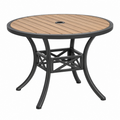 Tavolo da giardino rotondo diametro 106 cm in legno e metallo marrone nero con foro per ombrellone