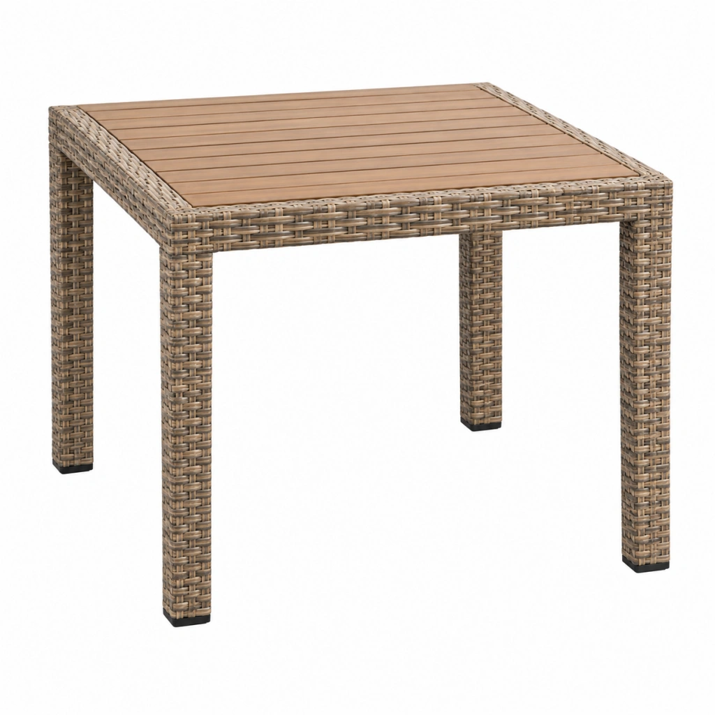 Tavolo da giardino 80 x 80 x 74 cm in rattan sintetico beige con piano in legno stile naturale