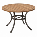 Tavolo da giardino rotondo diametro 120 cm in legno marrone con base in metallo e foro per ombrellone