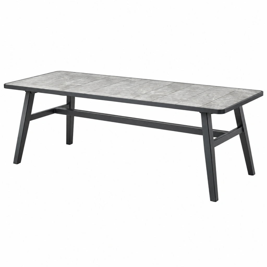 Tavolo da pranzo da esterno 180 x 90 cm in metallo con piano effetto pietra grigio nero - stile moderno