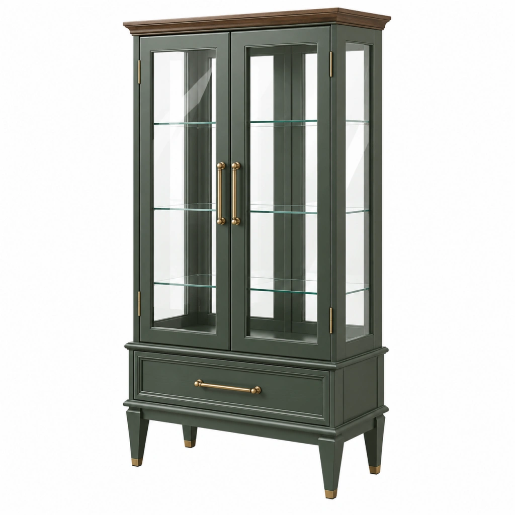 Vetrina 90 x 42 x 180 cm in legno verde scuro con ante in vetro e cassetto stile classico