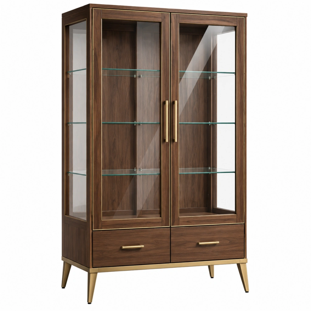 Vetrina 100 x 45 x 180 cm in legno marrone e vetro con 2 ante 2 cassetti stile moderno