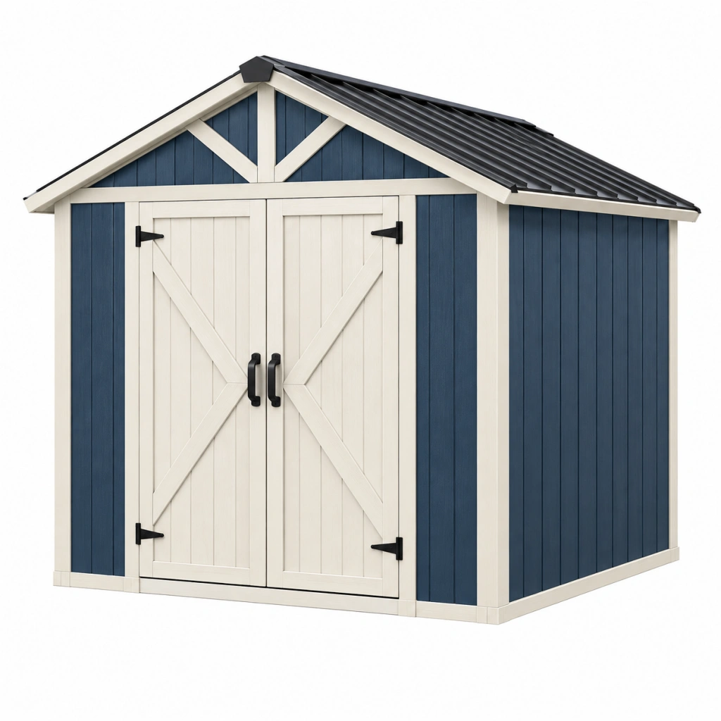 Casetta da giardino 183 x 122 x 201 cm in resina blu e bianca con doppia porta